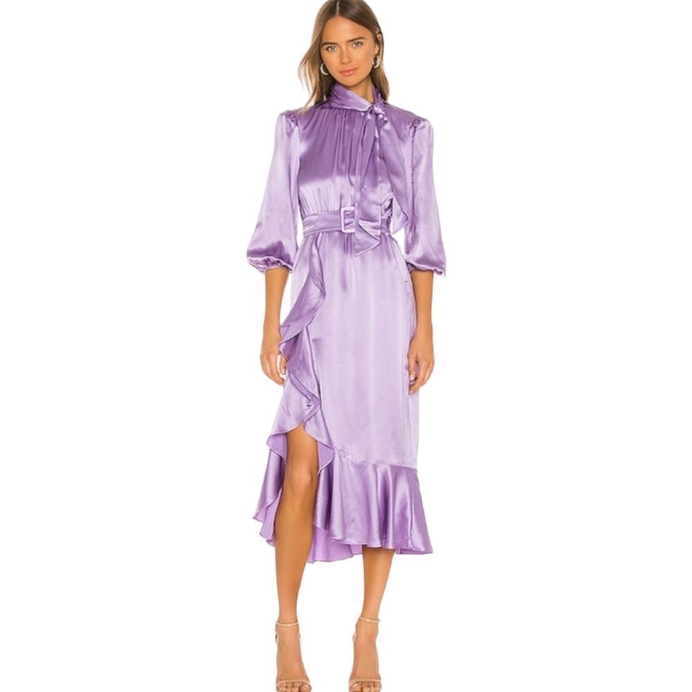 CINQ A SEPT BELLA BELTED SILK LAVENDER GOWN MAXI DRESS HIGH NECK RUFFLE TIE NECK